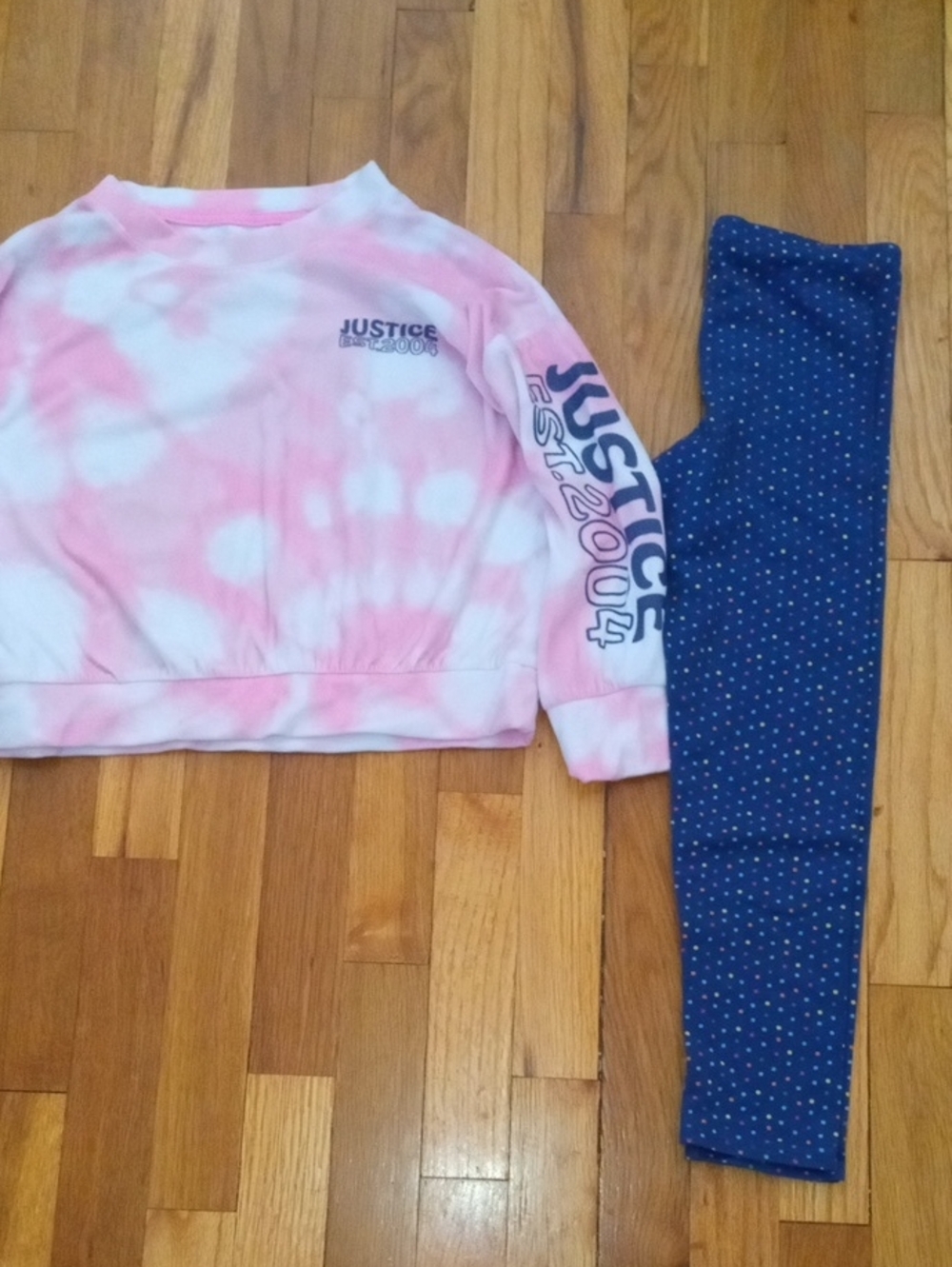 Justice Pink Tie-Dye Pullover with Navy polka Dot Leggings girl Med